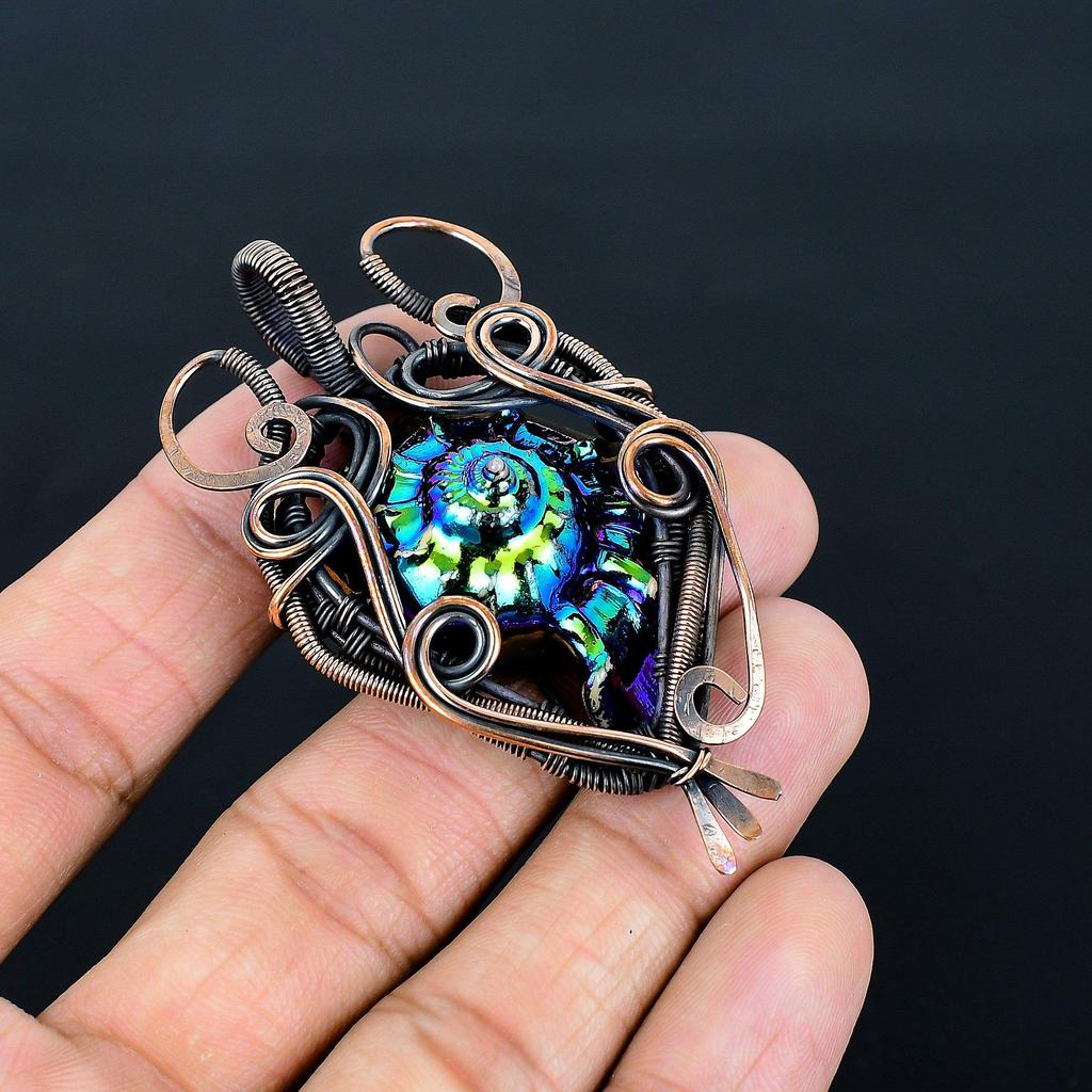 Aura Shell Pendant Gemstone Handmade Jewelry,  999 Copper Wire Wrapped Pendant, Gift For Wife Jewelry