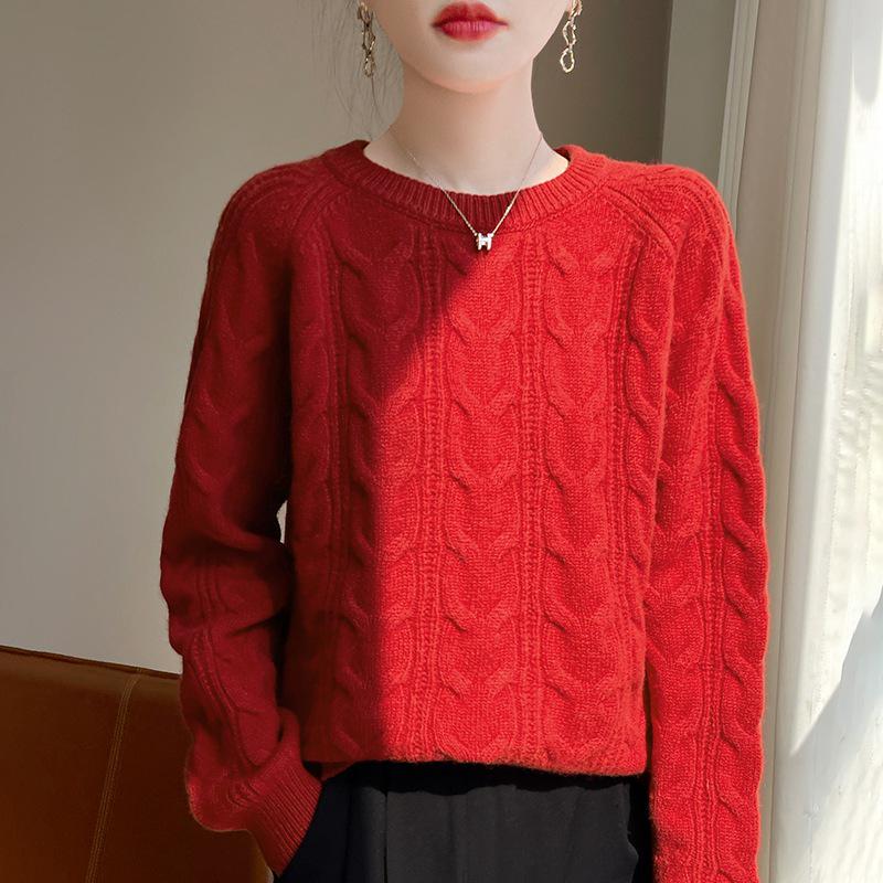 Women's Twisted Cable Knit Wool Sweater - Round Neck, Slim & Loose Fit, Autumn/Winter Pullover