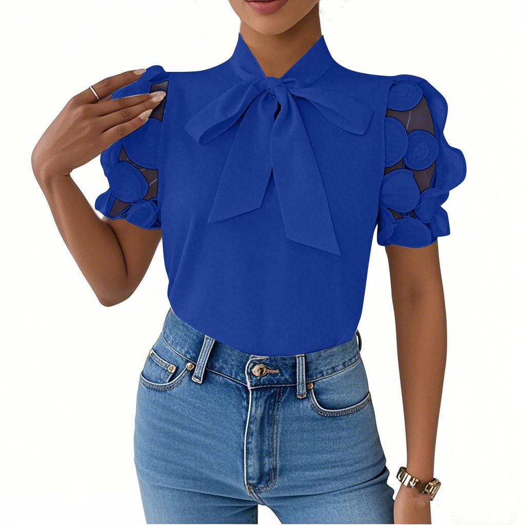 Damen Einfarbig zum Schnüren Schleife Kurzarm Hemd T-Shirt Top