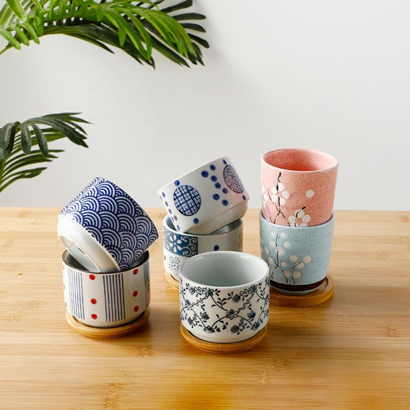 Vaso de cerâmica com bandeja de bambu estilo japonês suculenta planta vaso de flores bonsai plantador decoração de jardim cactos plantas plantadores