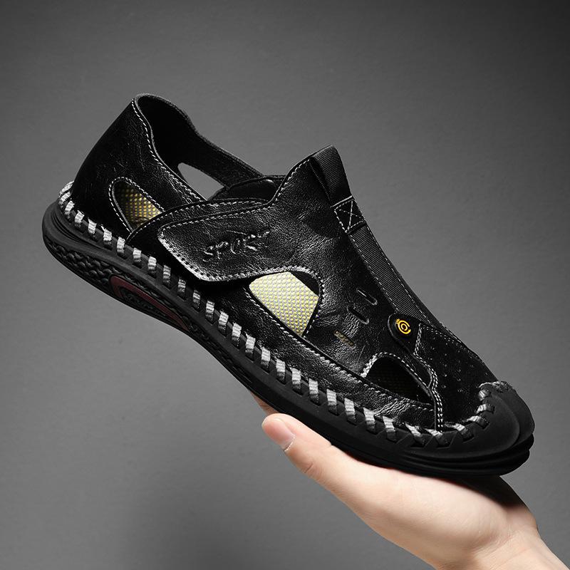 

Известные бренды, высококачественные сандалии, мужские летние кожаные дышащие туфли с отверстиями, повседневная пляжная обувь 38 чёрный