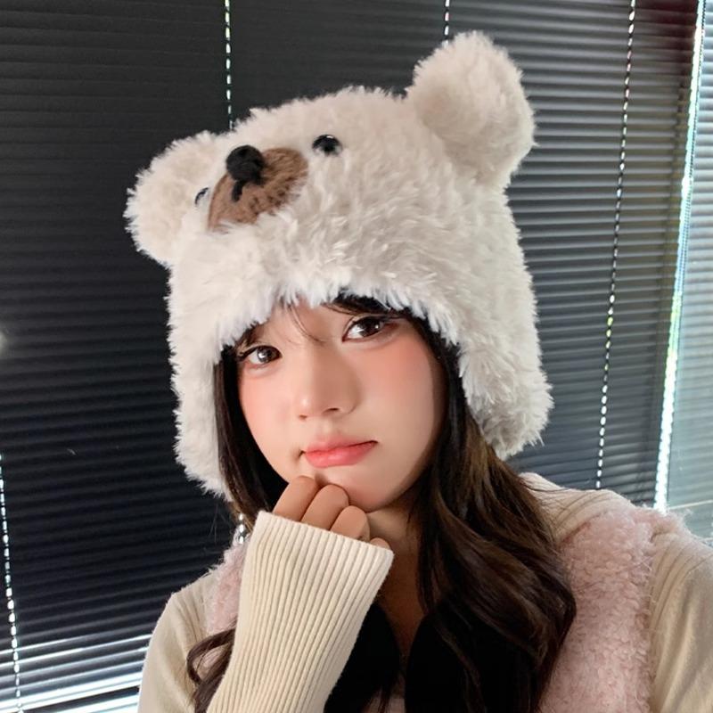 Korean Cartoon Bear Ear Plush Knitted Cap for Women's Autumn and Winter New Style Cute Warm and Versatile Pullover Cap