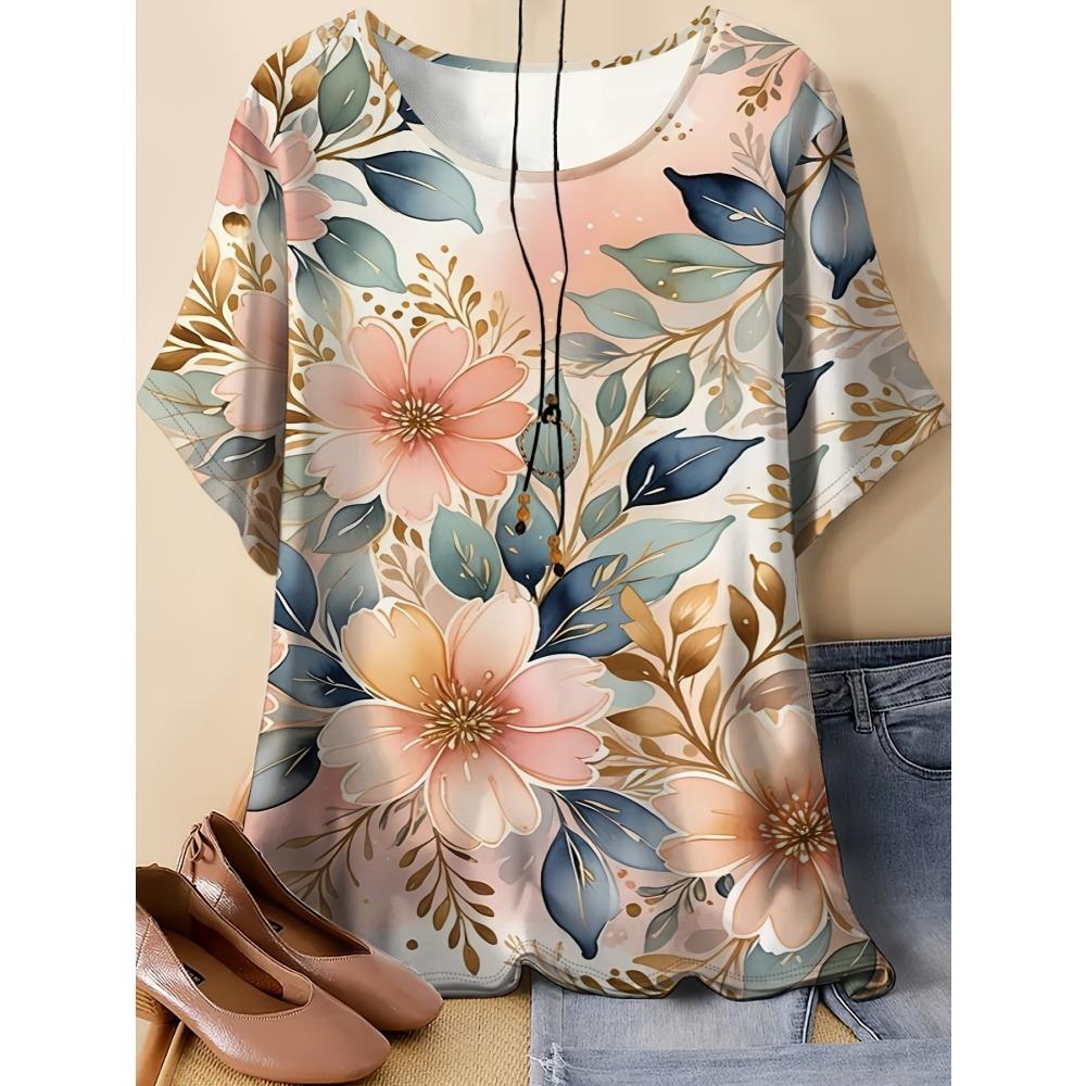 

Elegant Watercolor High Cleanliness Flower Pattern Printed Elegant Short Sleeve Round Neck T-Shirt Tee for Women Summer Fashion S