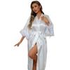 White imitation silk medium-sleeved women's nightgown, summer short cardigan with fringed bathrobe, thin sexy pajamas
