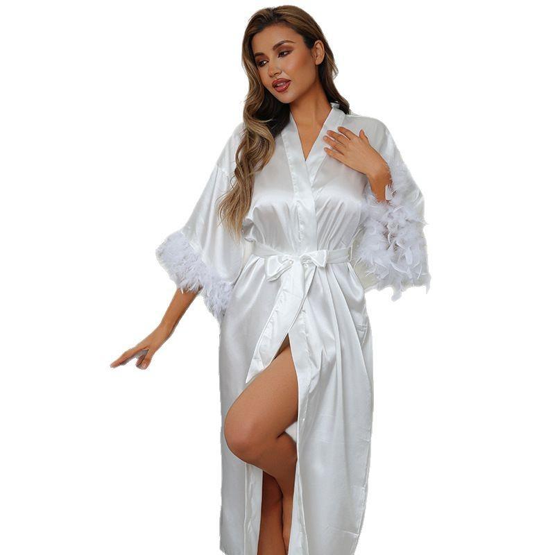 White imitation silk medium-sleeved women's nightgown, summer short cardigan with fringed bathrobe, thin sexy pajamas