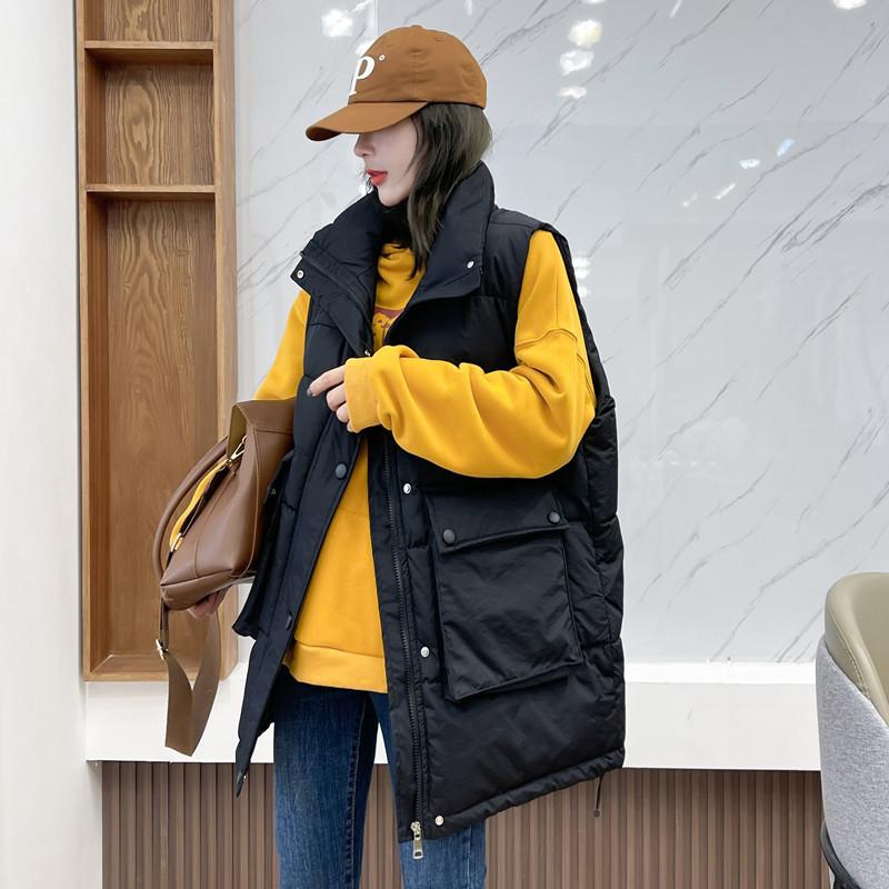 

Жилет из хлопка для женщин, средней и длинной длины, осень и зима, новый корейский вариант, свободный жилет и куртка-жилет XXL чёрный