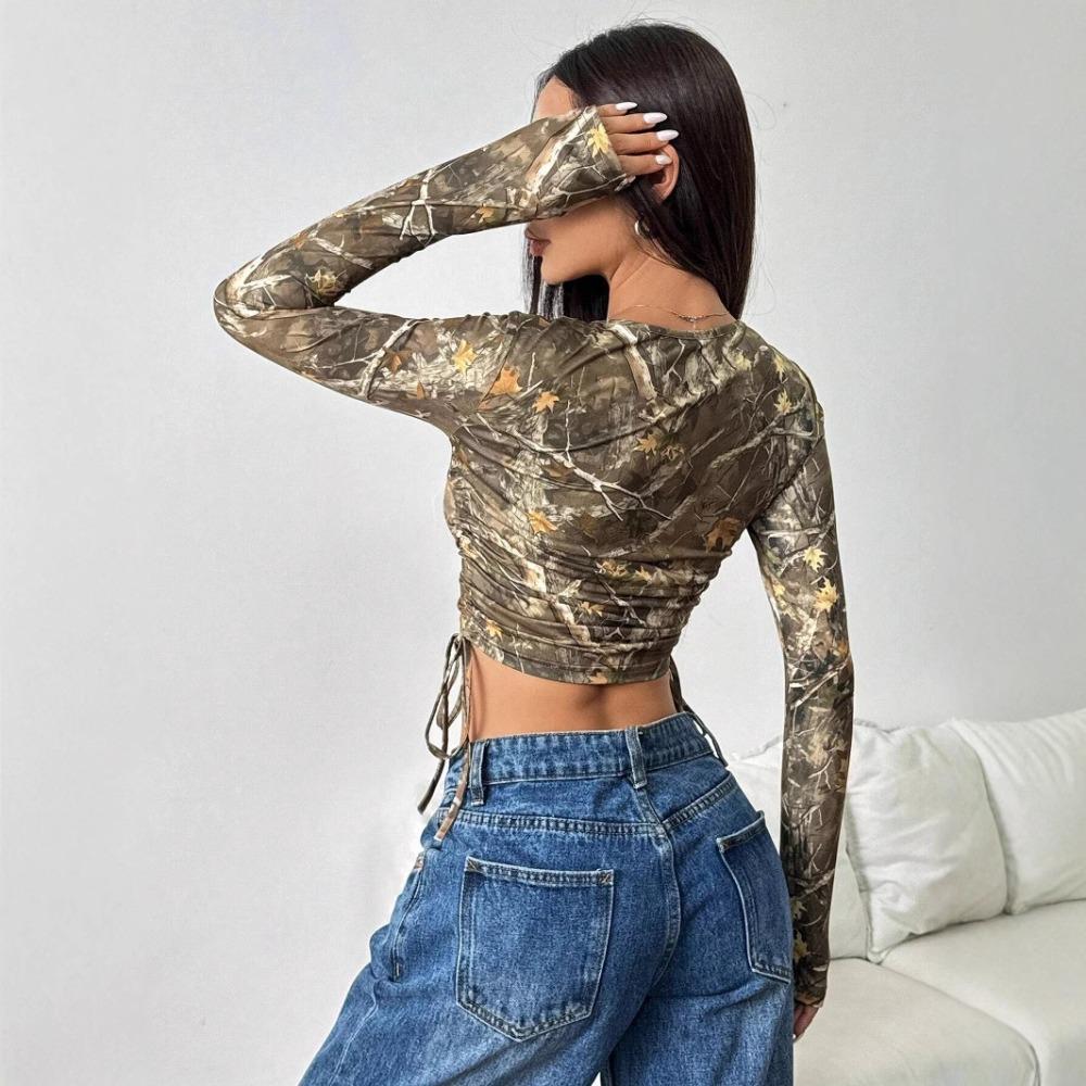 Frühlings Damen Mesh Baumzweig Print Seitlicher Kordelzug Slim Kurzarm T-Shirt