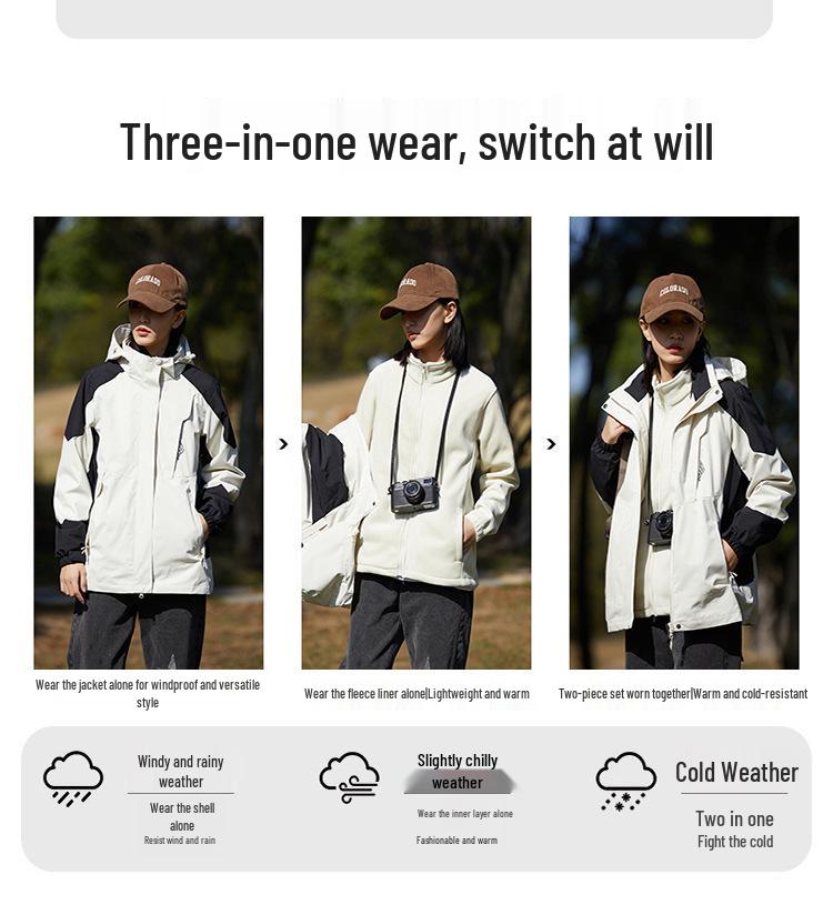 Men's 3-in-1 Windproof Waterproof Mountain Hiking Jacket with Fleece Liner
