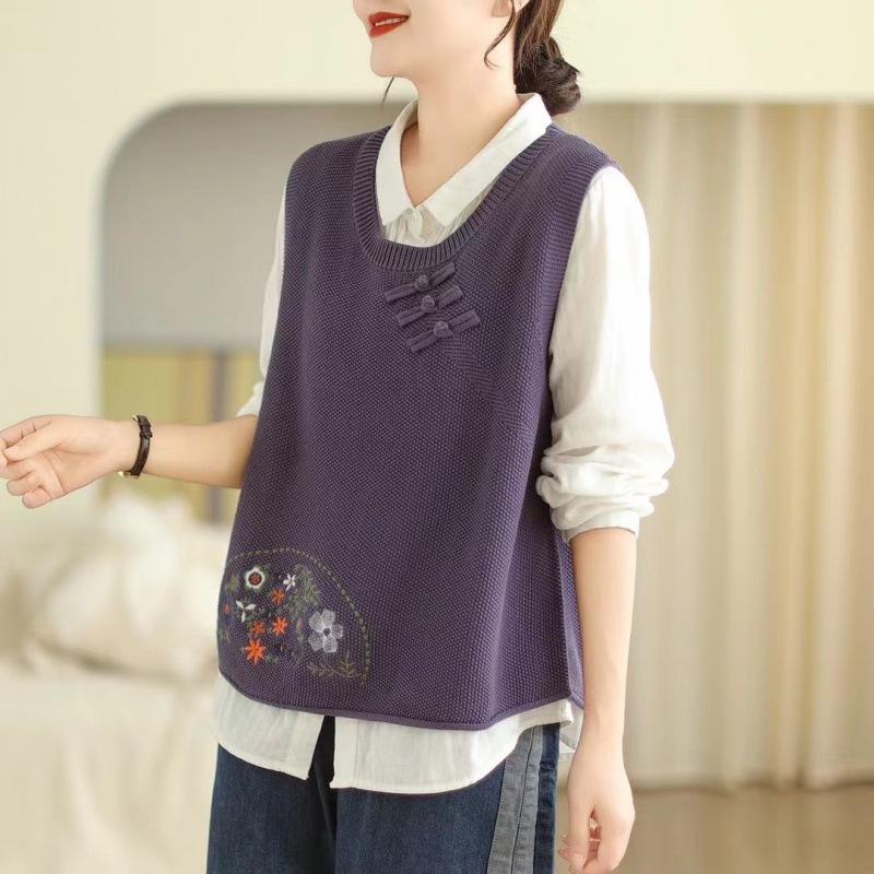 Vestă Tricotată de Damă, Nasturi Culturale, Brodată, Nouă de Primăvară și Toamnă, Vestă Pulover cu Gât Rotund