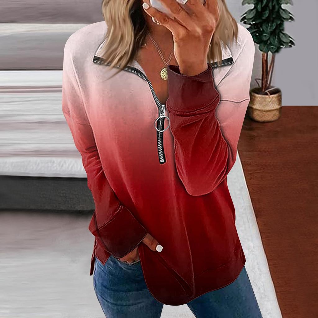 Haut à capuche à fermeture éclair imprimé dégradé à manches longues pour femmes