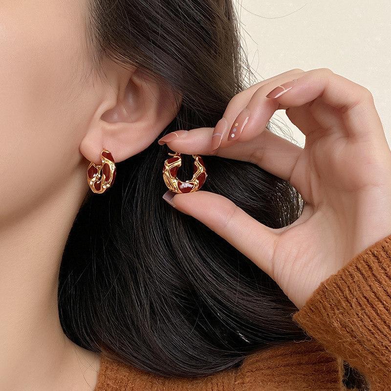 French Vintage Maillard Enamel Lava Earrings, Chunky Hoop Ear Cuffs, Elegant Gift for Women