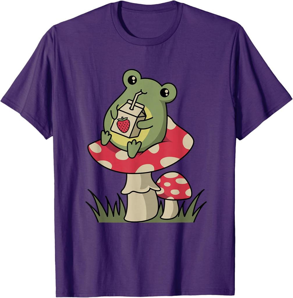 Cottagecore Frog Drinking Strawberry Milk Mushroom Graphic Tee Soft Casual Cotton T-Shirt for Unisex