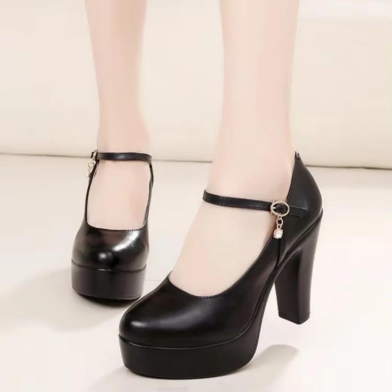 11cm Small Big Size 32-43 Shallow Genuine Leather Shoes Platform Pumps 2025 Spring Womens Block High Heels Shoes for Model Dress