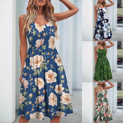 Robe à bretelles plissée pour femmes, mode décontractée, col en v, imprimé feuilles florales, taille haute