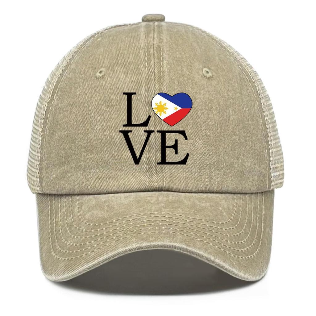 LOVE" Philippine Flag Print Snapback Mesh Cap, Patriotic Man's Cap Distressed Vintage-Inspired Inelastic Simple Adjustable Trucker Hat