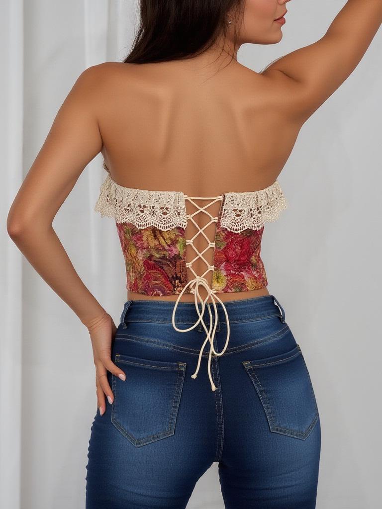 Retro Jacquard Lace Patchwork Fishbone Corset - Sexy French Oil Painting Style