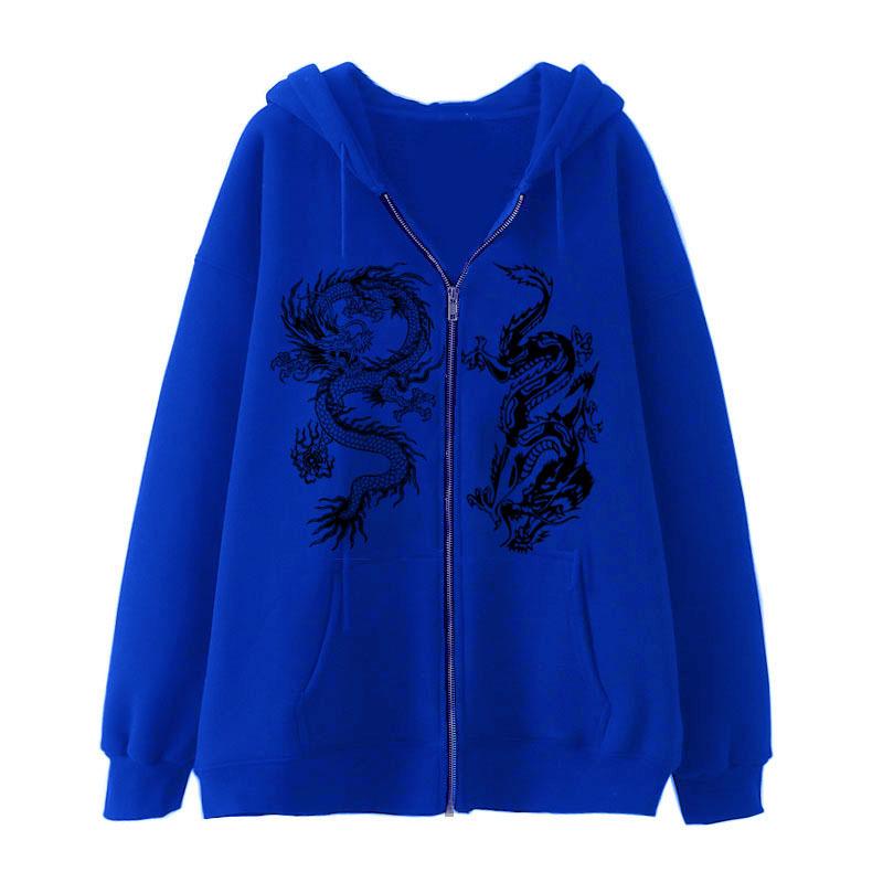Women's Dragon Print Zipper Hoodie, 2025 European & American Trendy Loose Fleece Jacket