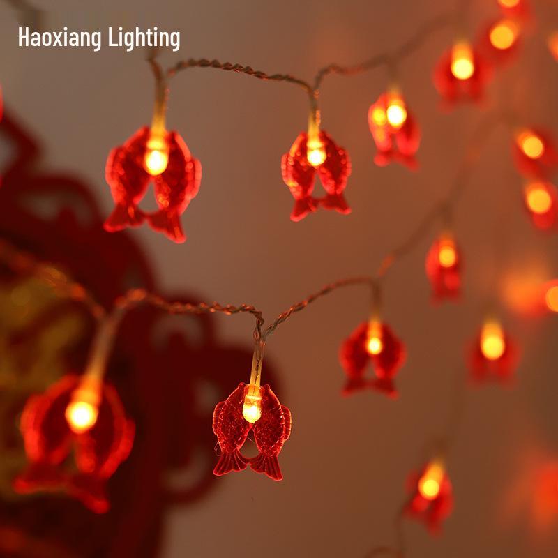 Red Lantern String Lights with Chinese Knots - Outdoor New Year and Lantern Festival Decoration, Flashing Starry Sky LED