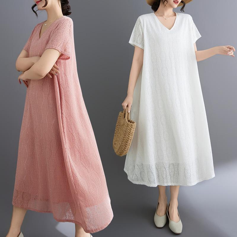 2026 Korean Style V-Neck Plus Size Lace Travel Resort Dress for Women