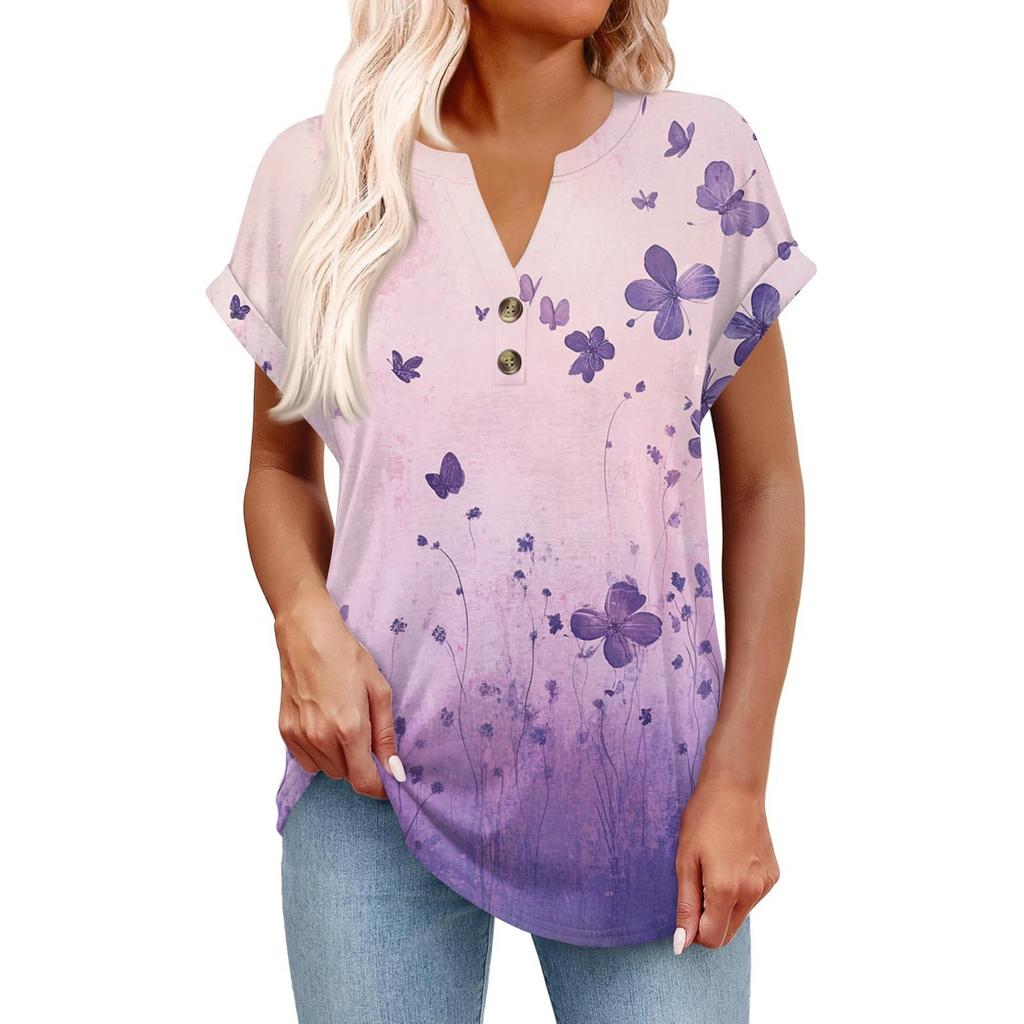 Top Pulôver Feminino Casual da Moda de Manga Curta com Decote em V, Botões e Estampa