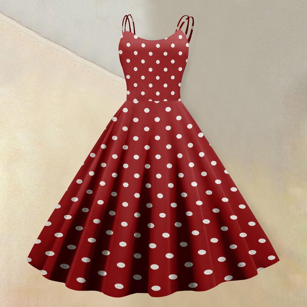 Women Sleeveless Polka Dot Print Dress Round Neck Vintage Style Fit Flare Midi Dress with Double Straps