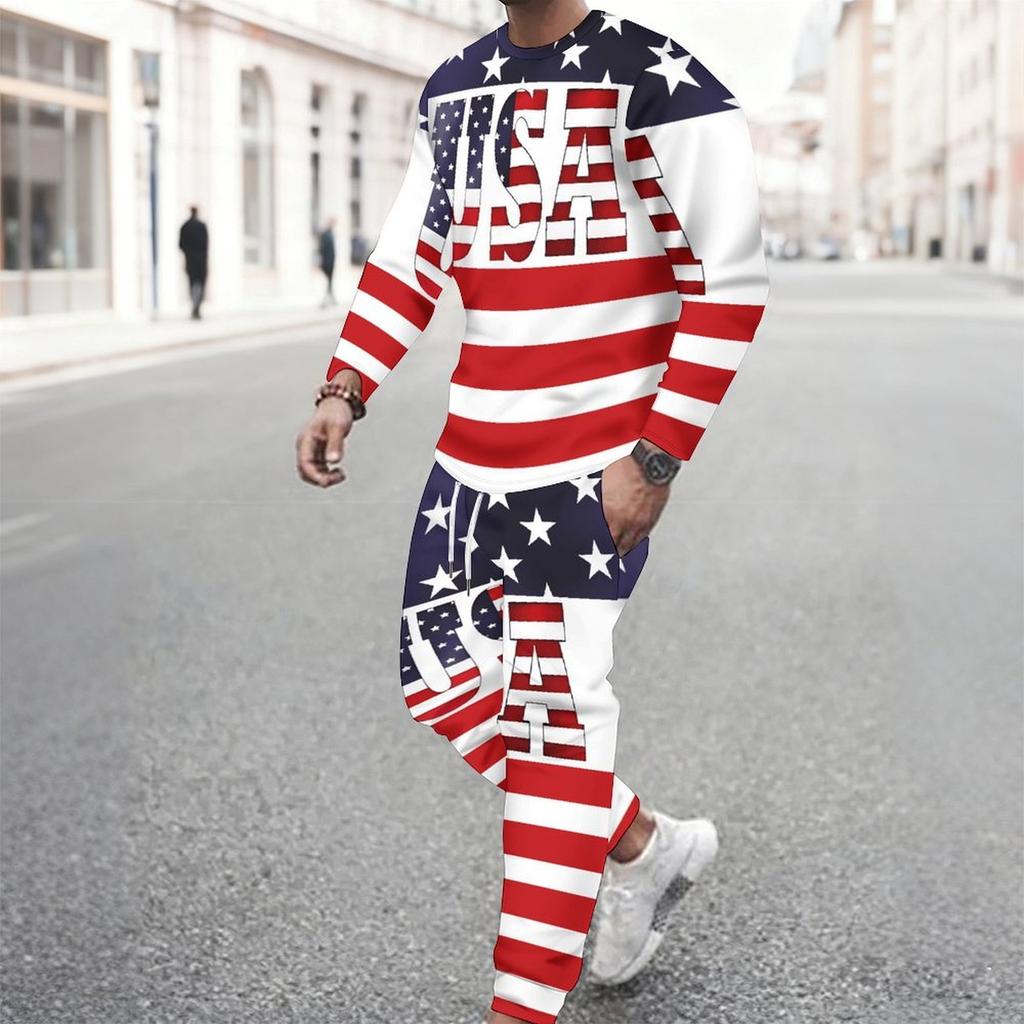 Men Sunflower Skull Flag Print Long Sleeve Sweatshirt And Drawstring Jogger Pants Casual Two Piece Streetwear Outfit