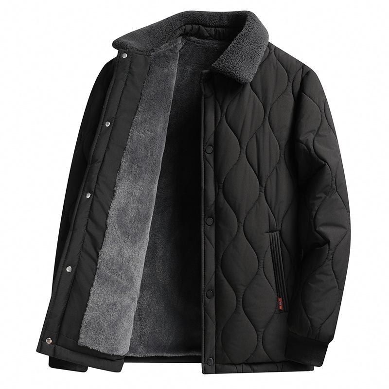 

Men s Winter Velvet-Lined Cotton Jacket - Warm Lapel, Snap Button, Long Sleeve, Trendy Casual Outerwear for Middle-aged Dads 175 чорний