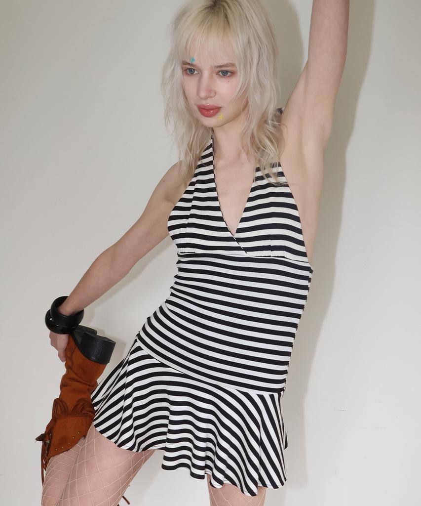 Crank Low Back Striped Halter Dress_Black