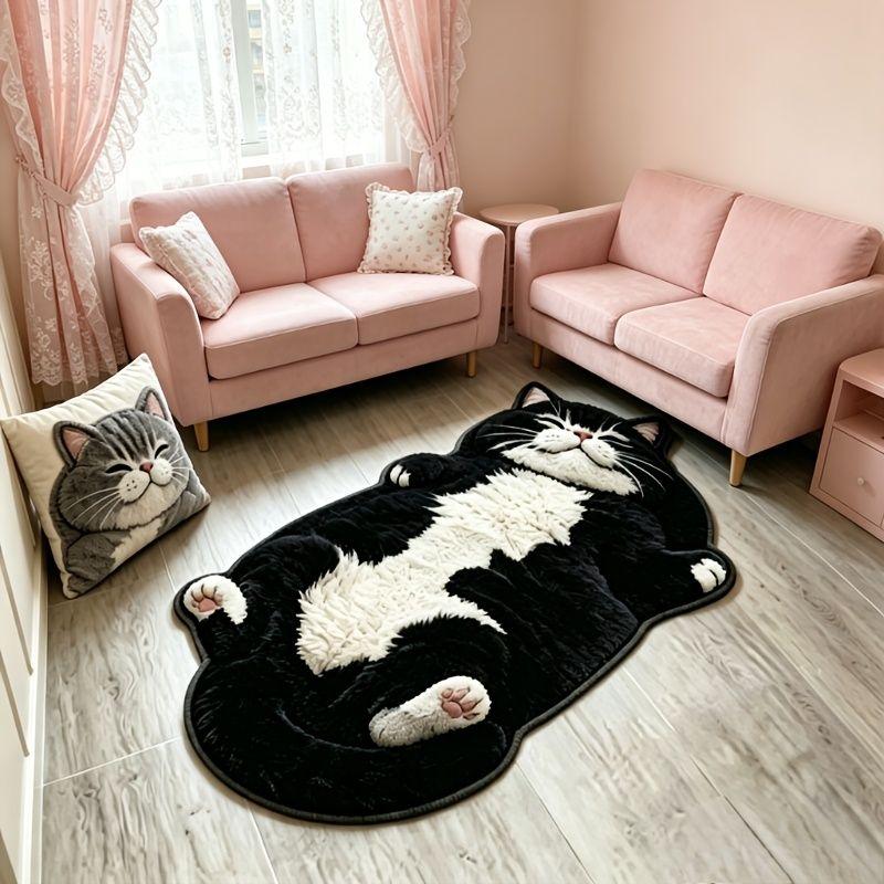 Cute Tuxedo Cat Shaped Rug Realistic Lying Cat Print Irregular Non‑Slip Mat for Bedroom Doorway Indoor Home Decoration