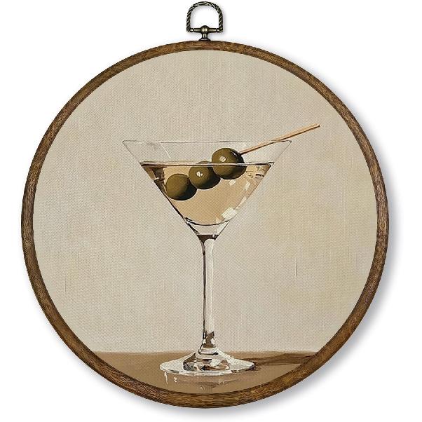 Qskjre Trendy Martini Wall Art Bar Cart Decor, Funky Cocktail Aesthetic Round Wood Framed Canvas Wall Artwork, Vintage Olive Martini Hanging Prints
