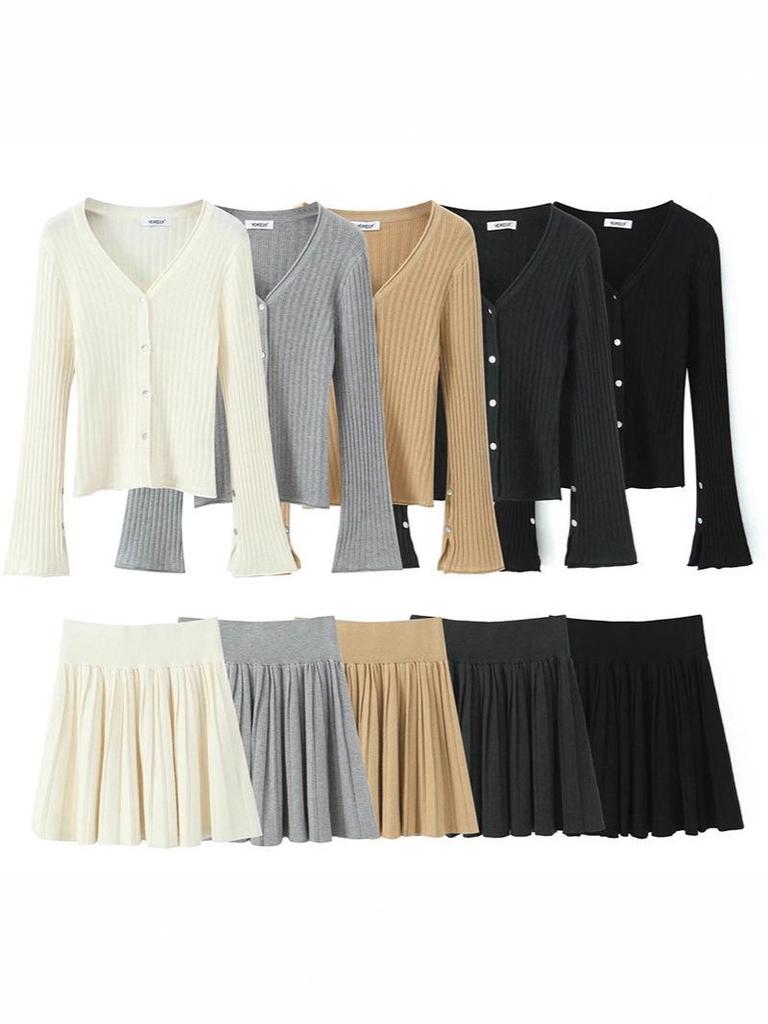 Korean Retro V-Neck Cardigan & High Waist Pleated Skirt Knit Set