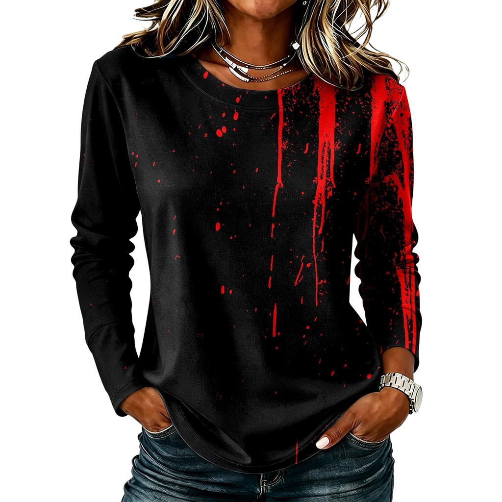 Women's Casual Long Sleeve Halloween Print Top, Round Neck Blouse for Fall Daily Wear