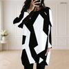 Women Plus Size Round Neck Long Sleeve Loose Black White Printed Longline Tunic With Pockets