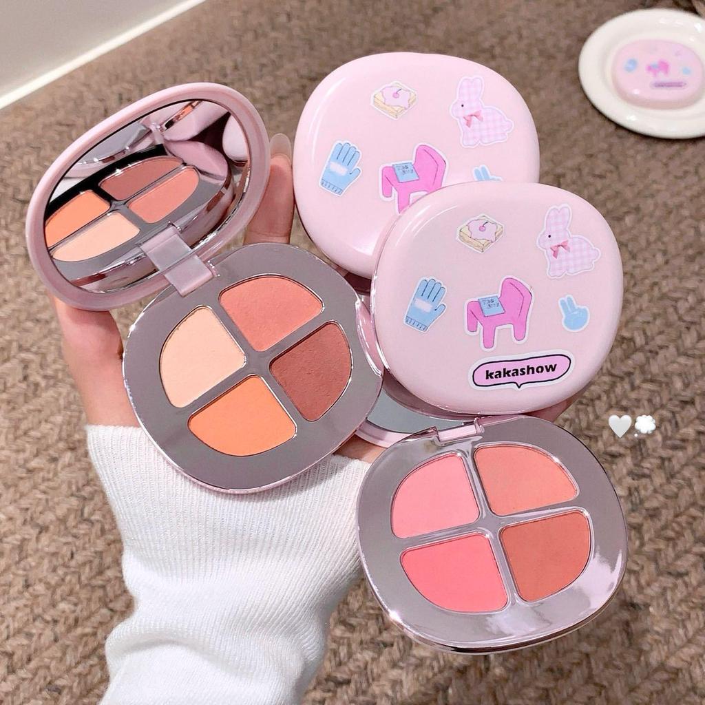 Kakashow Four-Color Blush Palette: Bloom Contour & Highlight for Natural Complexion Brightening.
