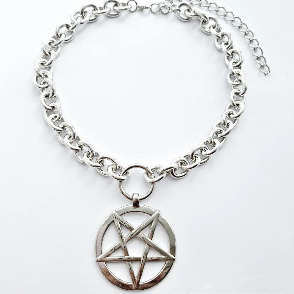 Punk Retro Sliver Color Five-pointed Star Pendant Thick Chain Necklace for Women Men Halloween Gothic Mysterious Power Jewelry