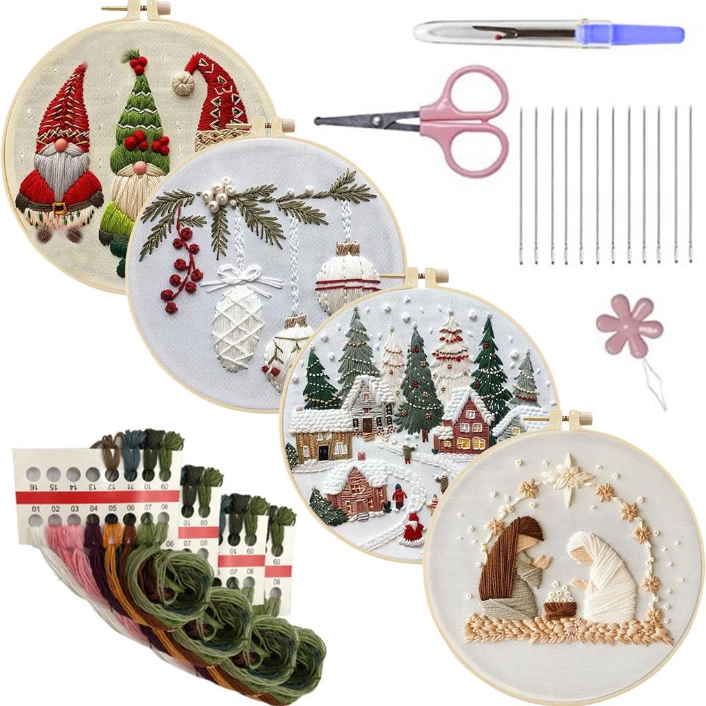 4 Pack Embroidery Starter Kit with Christmas Patterns Cross Stitch Kits with Embroidery Hoop Needles Threads Instruction