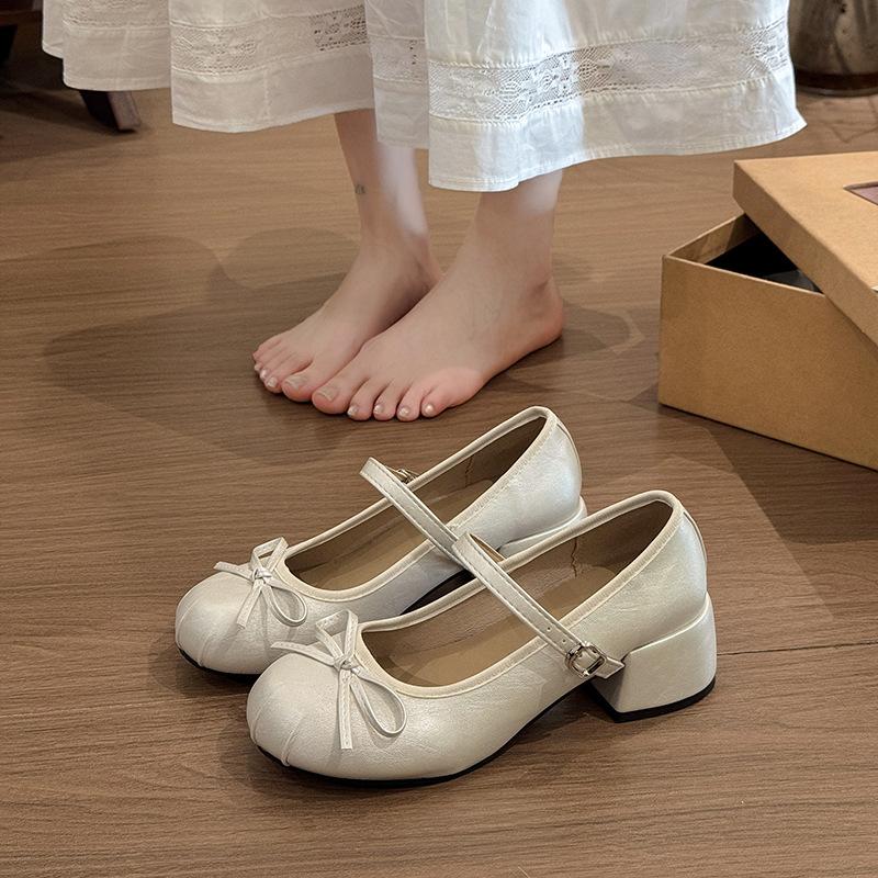 French thick heel heightening shallow mouth single shoes women's 2025 spring and summer new high-end one-word buckle Mary Jane single shoes