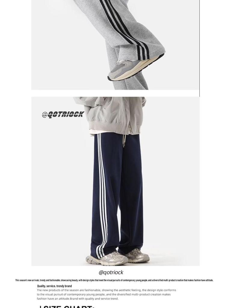 Men's High Waist Striped Sweatpants: Fashionable, Wide-Leg, Elastic, for Spring/Autumn, Perfect for Students.