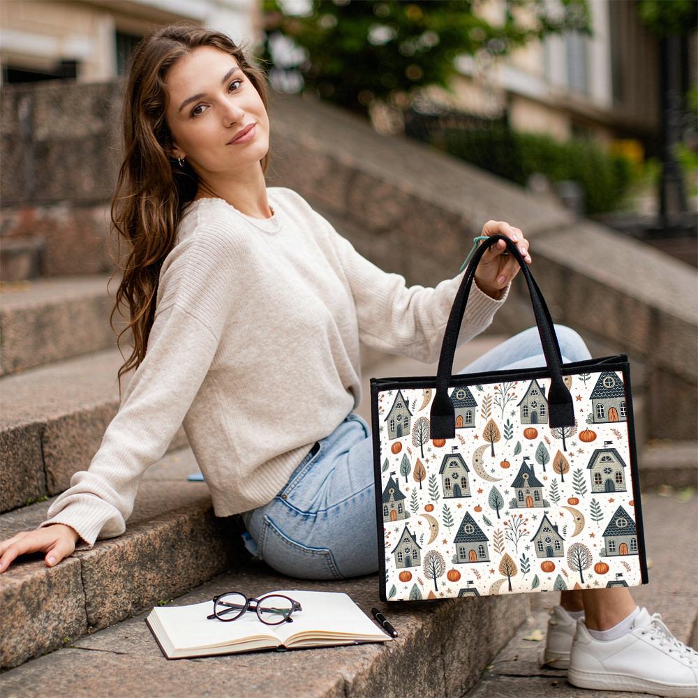 Cute House Print Canvas Tote Bag Portable Casual Shopping Handbag for Daily Use