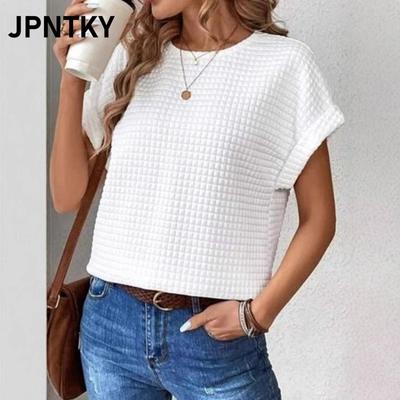 JPNTKY Women's Fashion Casual Solid Color Print O-Neck Short Sleeve Blouses & Shirts