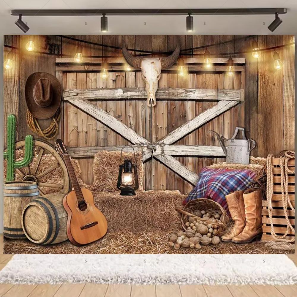 Western Cowboy Photography Backdrop Rustic Farm Barn Haystack Wood House Horse Wheel Background Party Decor Photo Shoot Props