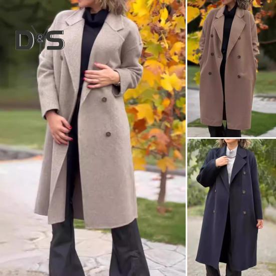 Women's Woolen Coat Autumn Winter Double-breasted Lapel Overcoat Loose-fit Solid Color Warm Long Coat for Office Daily Wear