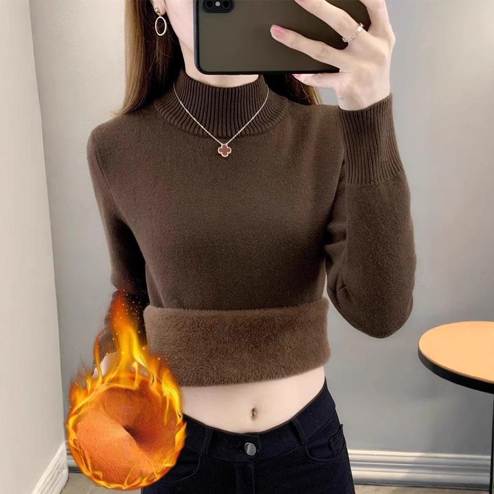 Autumn Wram Add Velvet Round Collar Long Sleeve Knitted Sweaters Women Korean Japan Style Knitwear Slim Pullovers