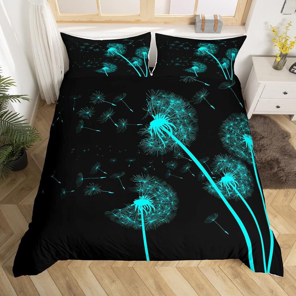 Dandelion Duvet Cover Flower Romance Theme Black and White Bedding Set Boys Girls Teens Microfiber Comforter Cover with Zipper
