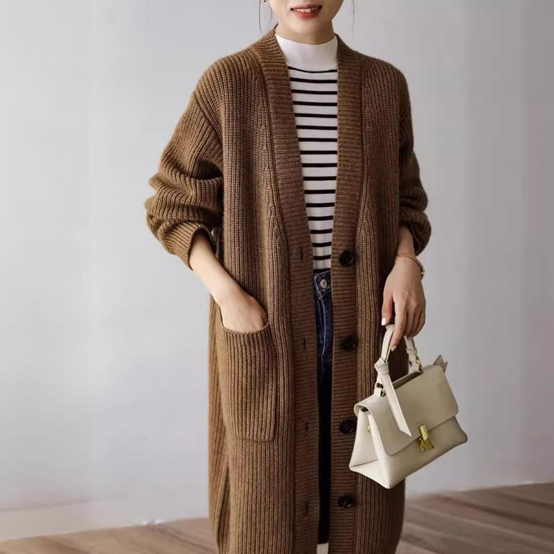 Thickened knitted cardigan jacket women's autumn and winter new retro loose lazy style medium and long sweater with tide