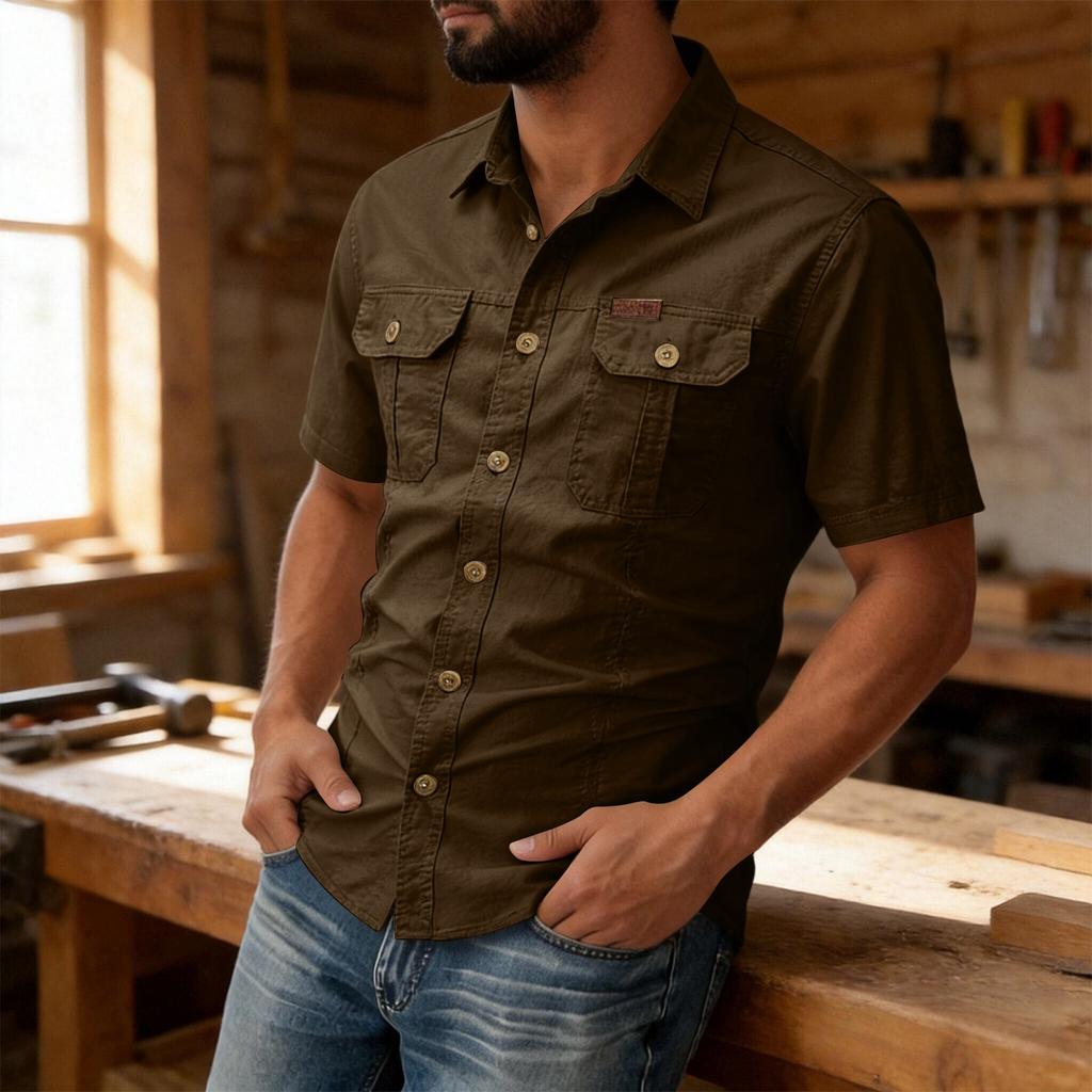 Men's Short Sleeve Button Down Shirt Collar Loose Fit Work Shirt with Pockets Color Casual Everyday Wear