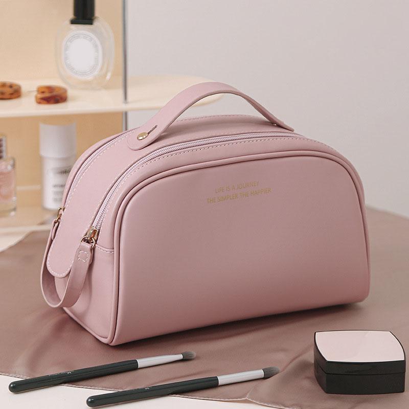 

HK8301 Large Capacity Portable Makeup Cosmetics Bag Dual Zipper Portable Toiletry Organizer Bag Pink