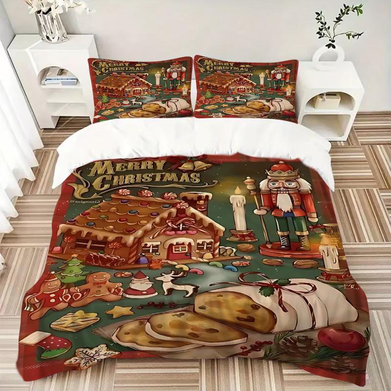 3pcs Christmas Gingerbread House Bedding Set with One Quilt Cover and Two Pillowcases (No Core) - Festive Decorative Duvet Cover Set for Bedroom and G