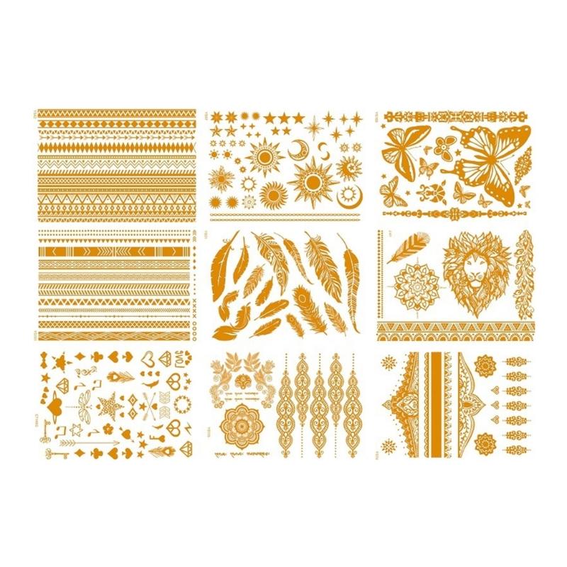 9 Blatt Premium Goldfolie Temporäre Tattoos für Partys und Events mit metallischen Designs und einfacher Anwendung