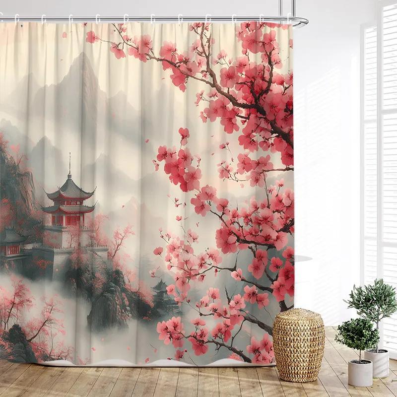 Japanese Style Landscape Shower Curtain Ink Mountain Cherry Blossom Pavilion Lake Asian Art Bath Curtains Home Bathroom Decor